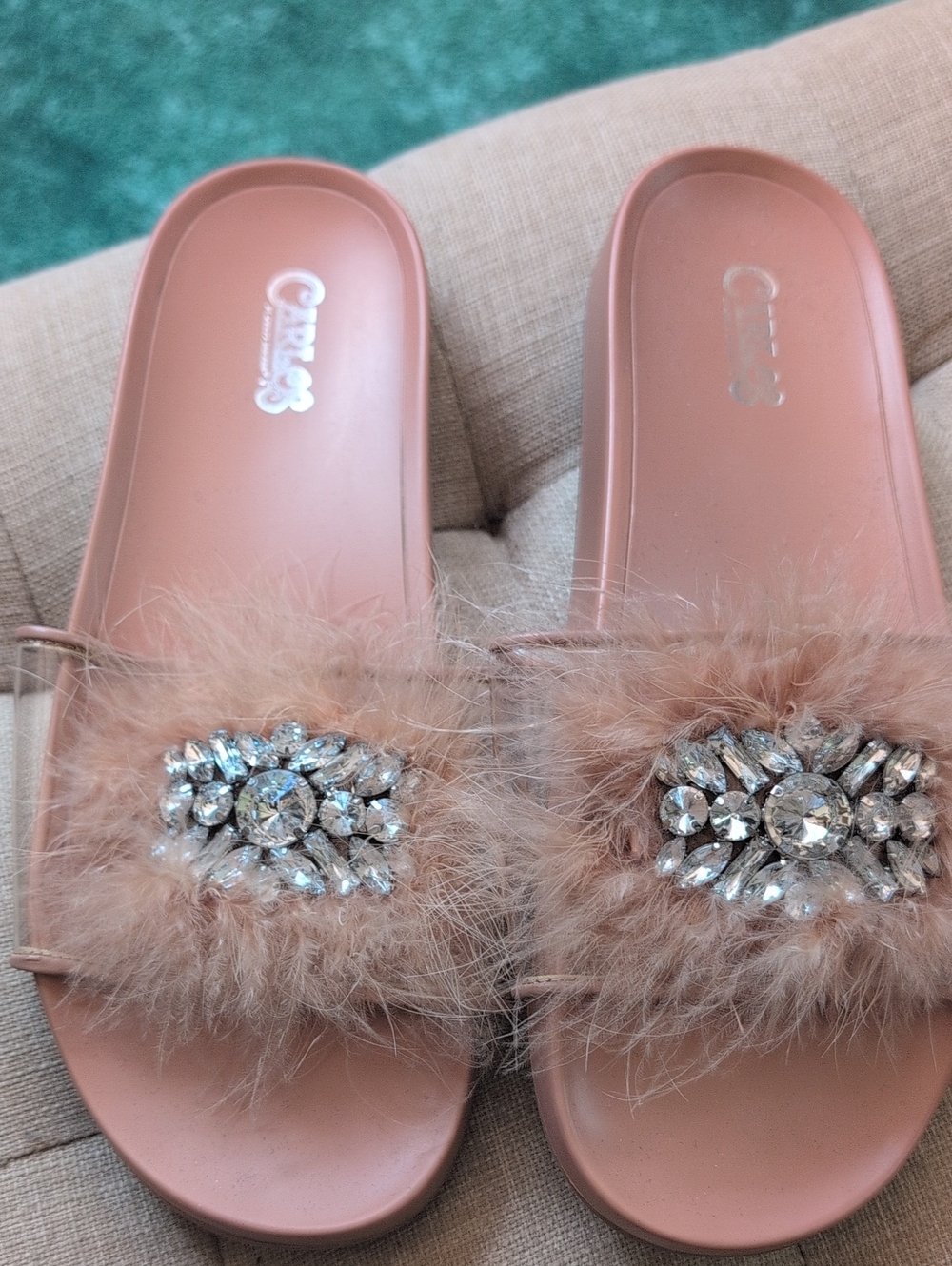 Carlos by Carlos Santana Tan Faux-Fur Jewel Slide Mules